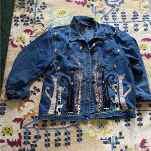 New Directions Blue Denim Jacket with Cat Embroidery